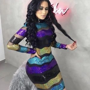 Sexy Mesh Sheer Striped Sequin Dress